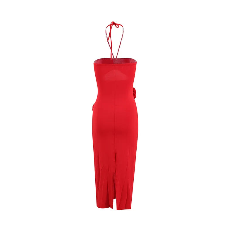 Fashion 3D Floral Backless Halter Cut Out Long Dress Women's Hollow out Solid Sexy Bodycon Dress Summer Club Party Clothing 2025