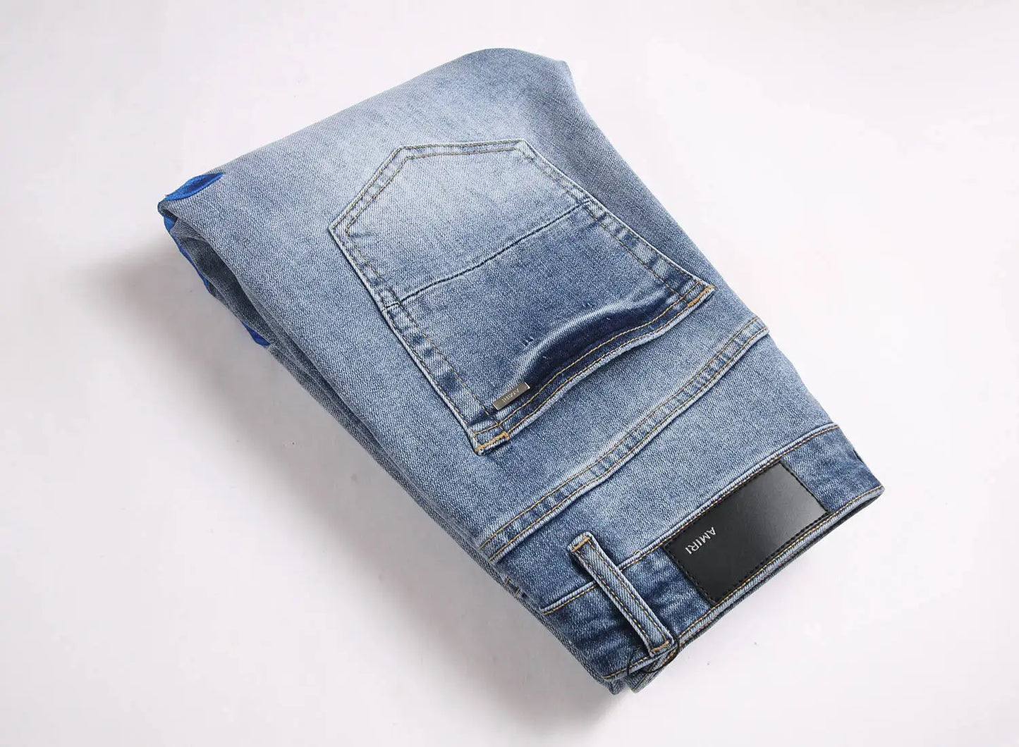 Current AM Brand Embroidered Distressed Patch High Street Youth Men's Slim Fit Skinny Pants