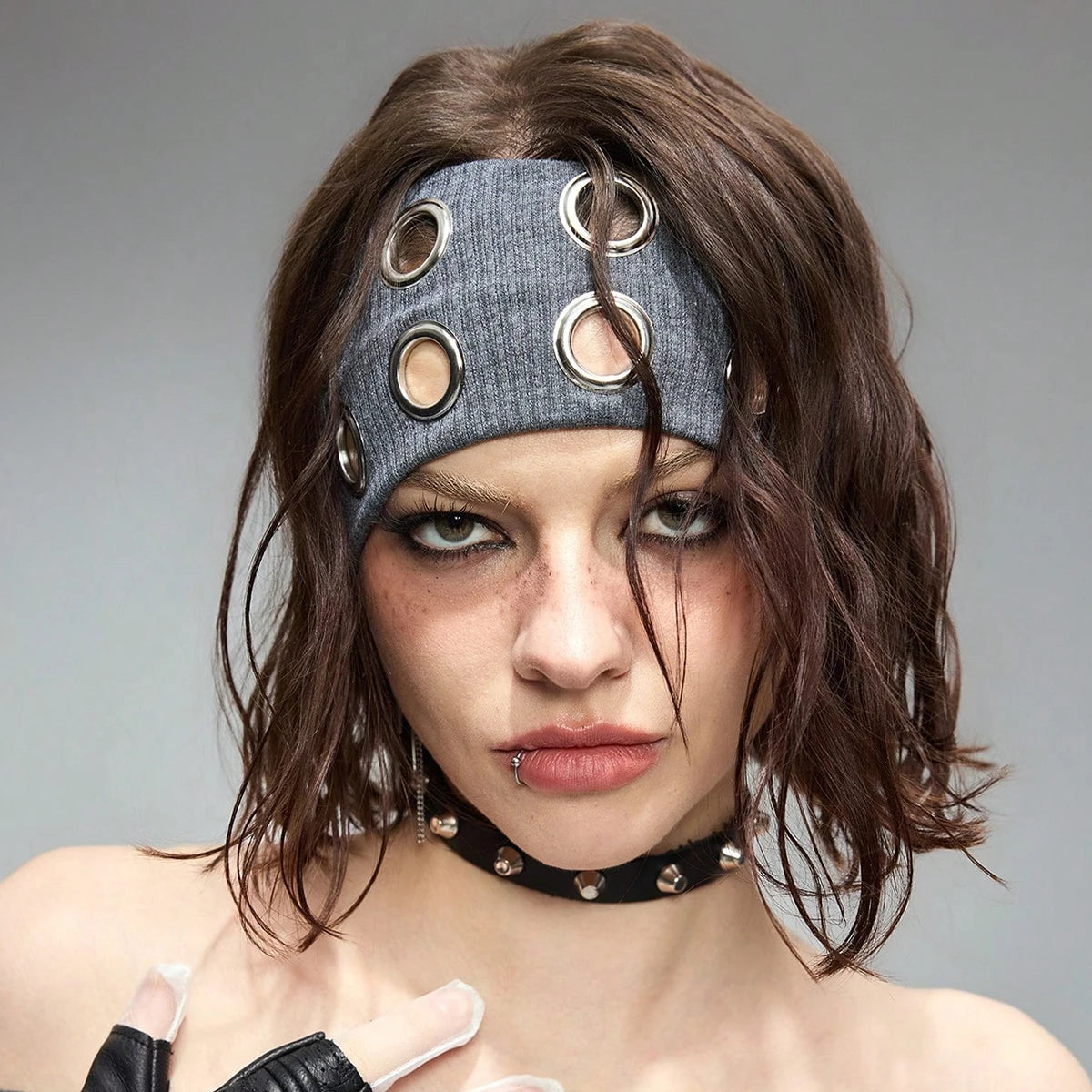 AWAYTR Punk Girl Fabric Hollow Elastic Headbands Metal Rock Personalized Hollow Eyelets Hair Band Casual Sports Grommet Headband