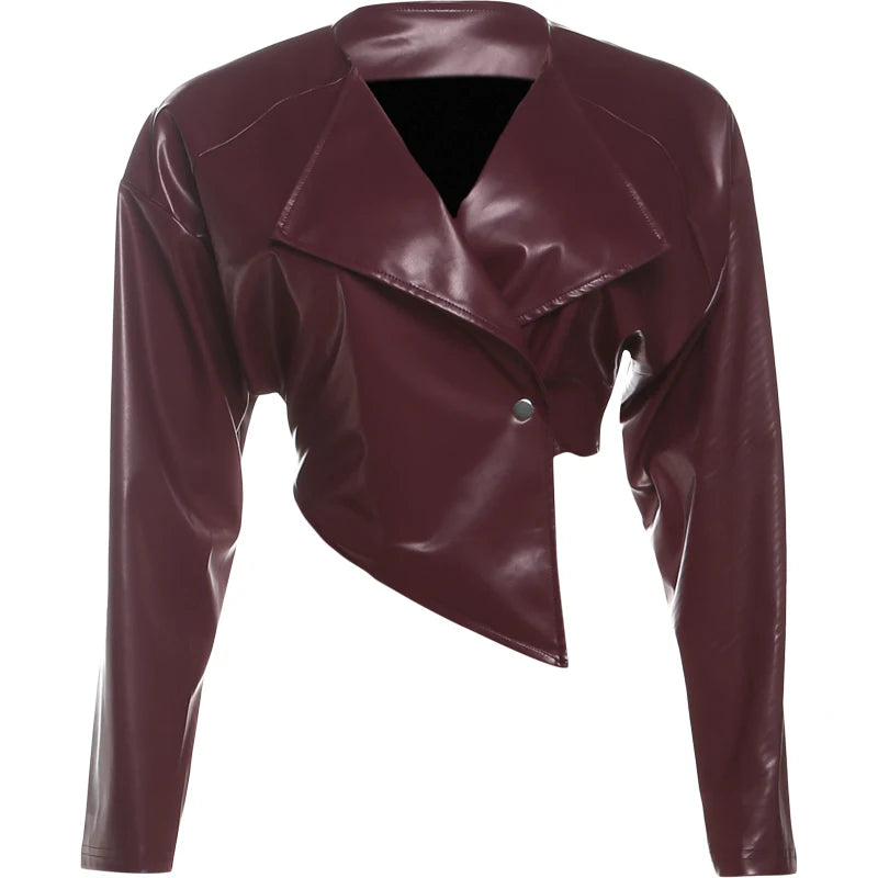 Weird Puss Single Button Crop Jacket Women Hipster Irregular Faux Leather Fall Trend Wild Basic Sexy Cross Neck Streetwear Coat