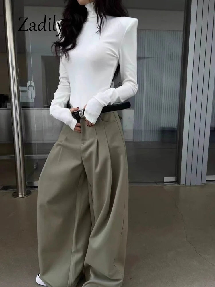 Women's High Neck Long Sleeve Top 2026 Spring New Korean Minimalist No Cuff Sleeve Design Structured Shoulder Slim Fit Knitwear