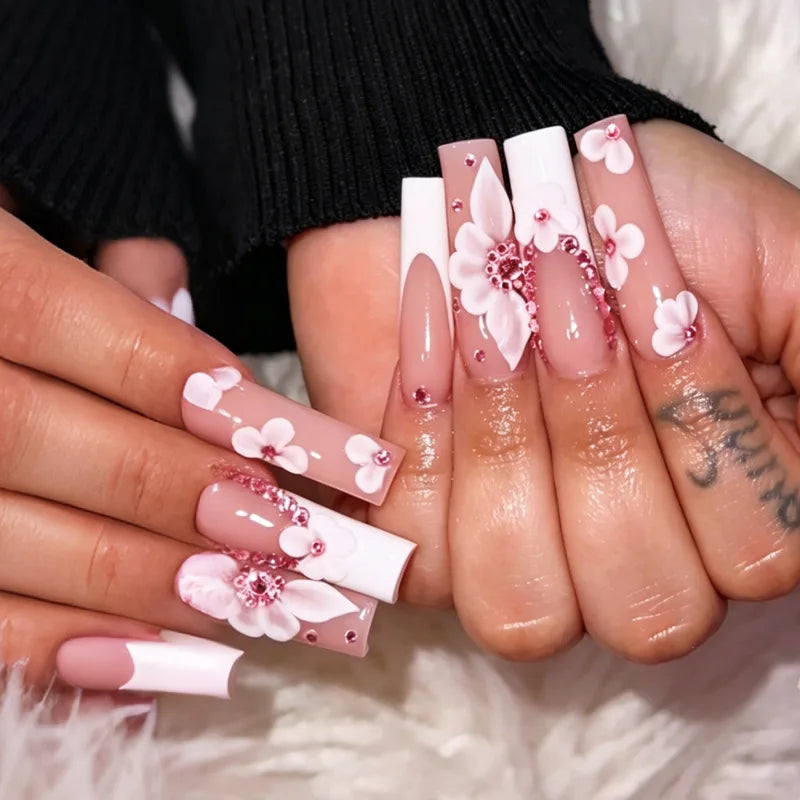 24Pcs Long Square Press on Nails Leopard Print French 3D Cherry Design False Nail Rhinestone Wearable Full Cover Fake Nails Tips