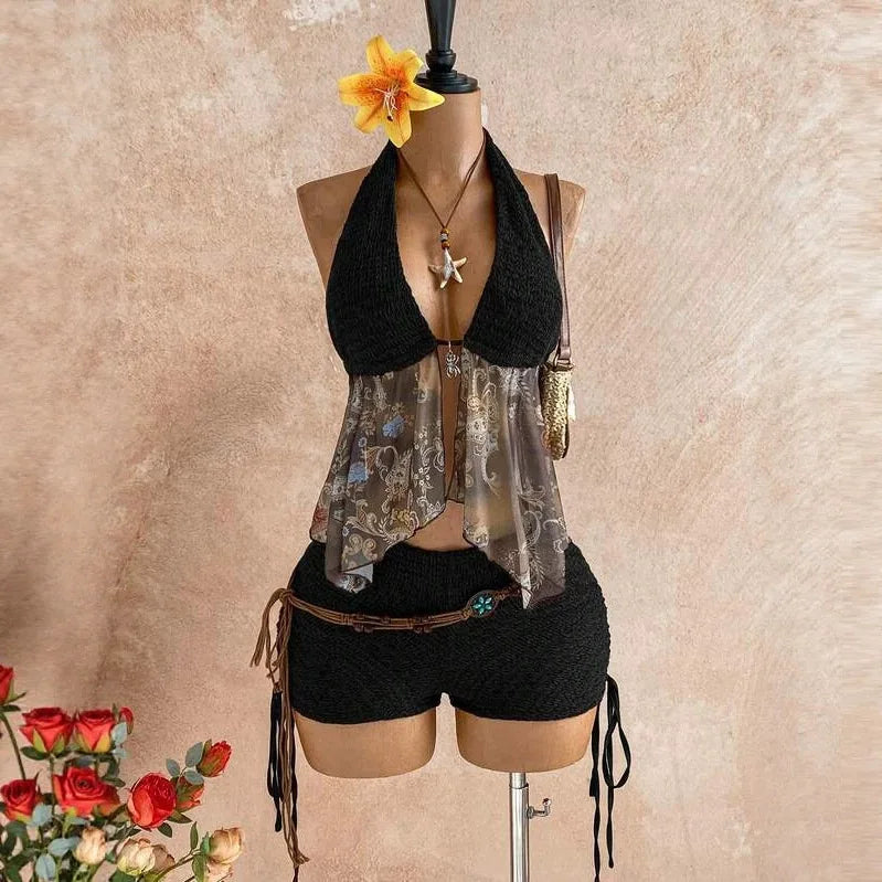 Retro Ethnic Style Knitted Floral Chiffon Top Drawstring Shorts Set Deep Brown off Shoulder Two Piece Set Streetwear Trend