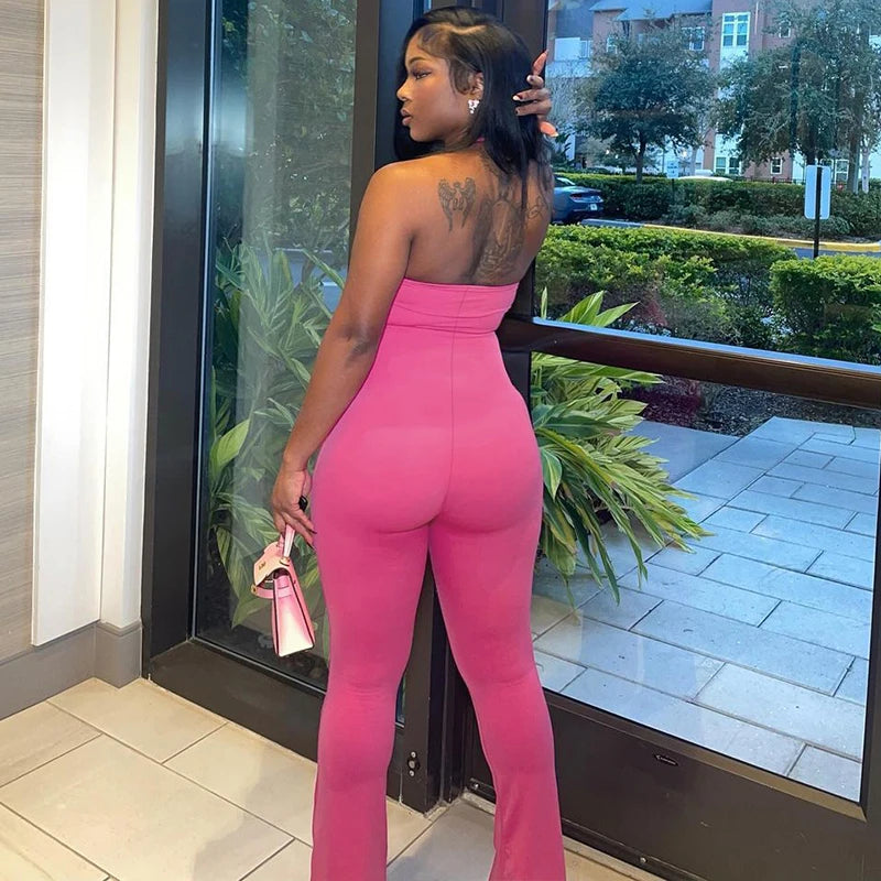Hugcitar 2025 Spring Halter Solid Sleeveless Backless Sexy Bodycon Flare Pants Jumpsuit Women Casual Rompers Streetwear Festival