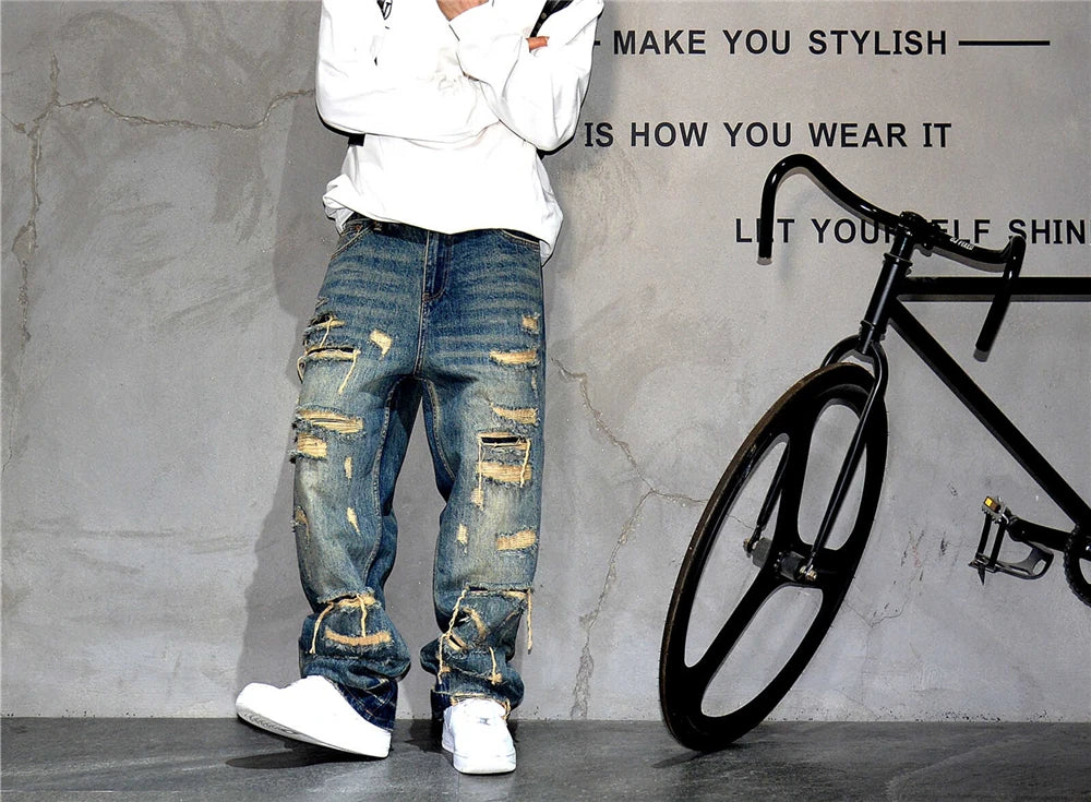Ripped Baggy Jeans Distressed Denim Streetwear Skateboard Pants Straight Leg Patchwork Oversized Urban Fashion Workwear, men's jeans
