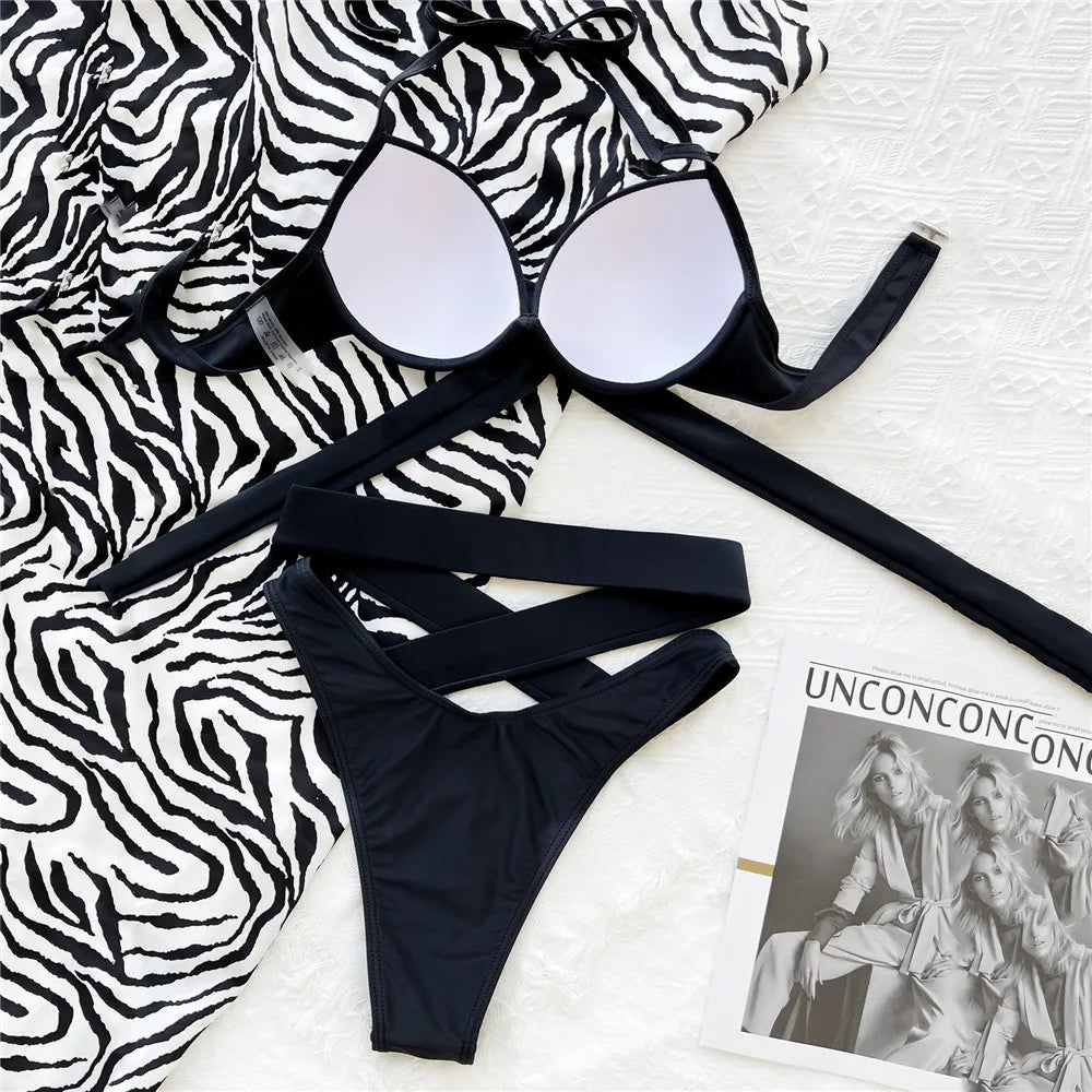 Black High Waisted Bikini Push Up Women String Halter Swimwear Cross Bandage Swimsuit Bathing Suit Brazilian Bikinis Sets 2025