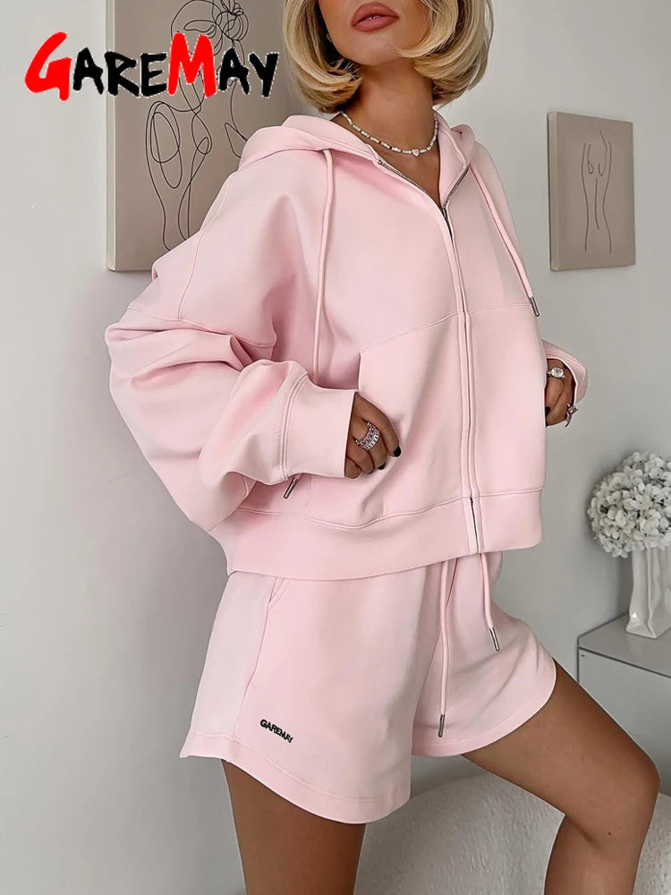 Spring Women's Summer Suit with Shorts Cotton Oversize Pink  Top and Shorts Set Two-piece Casual Tracksuit with Shorts for Women