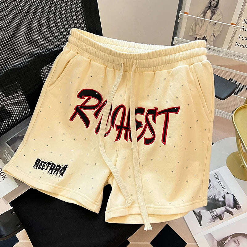 Diamond Patch Embroidered Letter Logo Casual Shorts Loose Drawstring Shortpants Jorts for Men Women