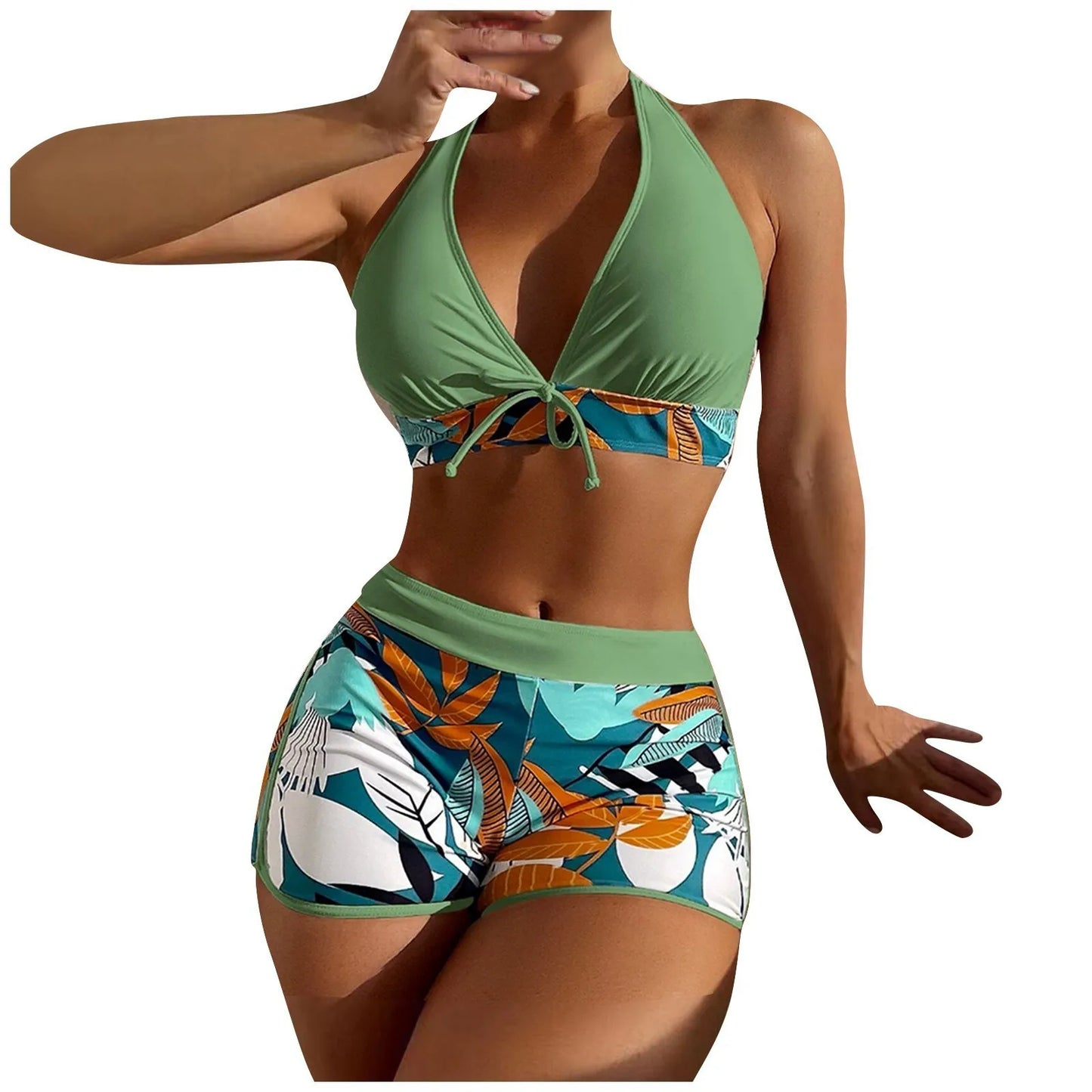 Shorts Bikinis Set  High Waist Swimsuit Women Swimwear  Plant Print Bathers Bathing Swim Suit Beachwear