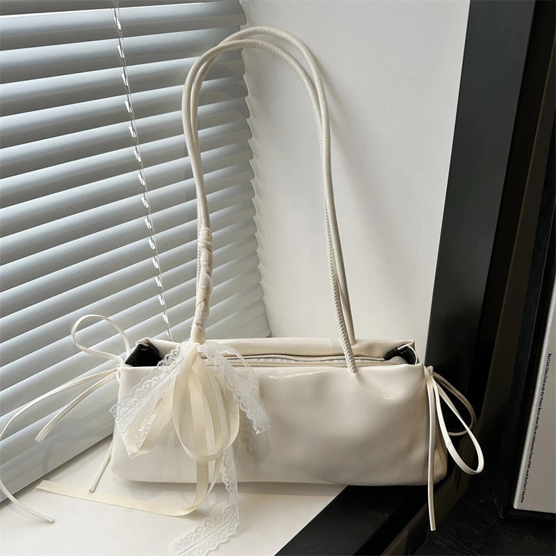 Korean Bow Ribbon Handbag Fashion Lace Square Shoulder Bag French Elegant Baguette Bag Leisure Large Capacity Tote Underarm Bag