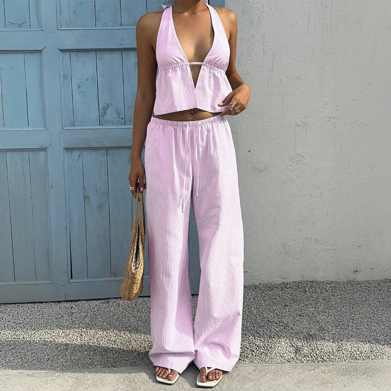 2026 Summer Hot Selling Neck Hanging Deep V-stripe Top and Elastic Waist Pants Two-piece Set for Women