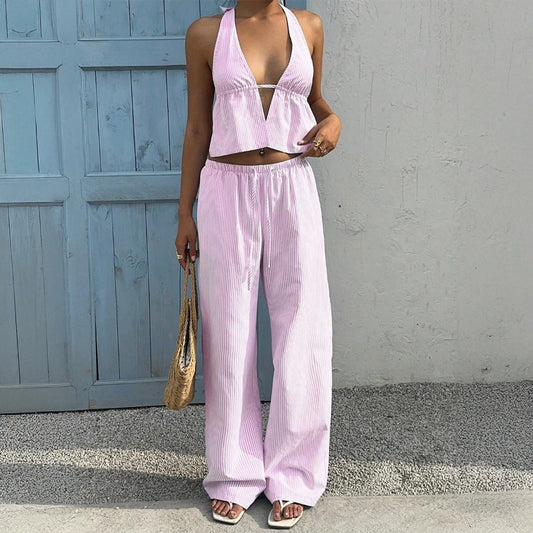 2026 Summer Hot Selling Neck Hanging Deep V-stripe Top and Elastic Waist Pants Two-piece Set for Women