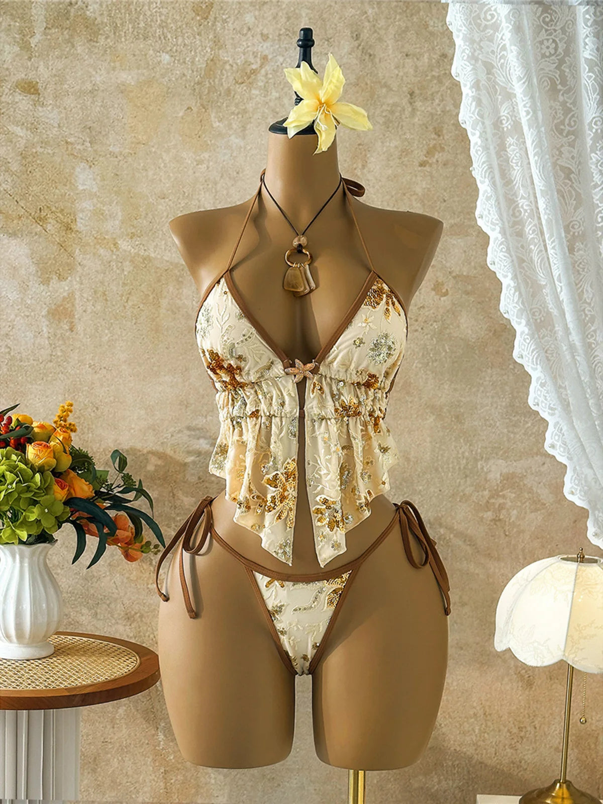 Glitter Sequin Printed Tankini Halter Bikini Women Swimwear Female Swimsuit Bather Bathing Suit Swim Two-Pieces Bikini Set K8067