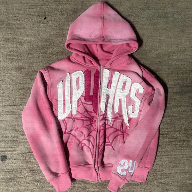 Retro Patch Spider Web Print Zipper Hoodie Y2K Sweatshirt Mens Hip Hop Letter Oversized Hoodie Jacket Clothes Streetwear Jacket