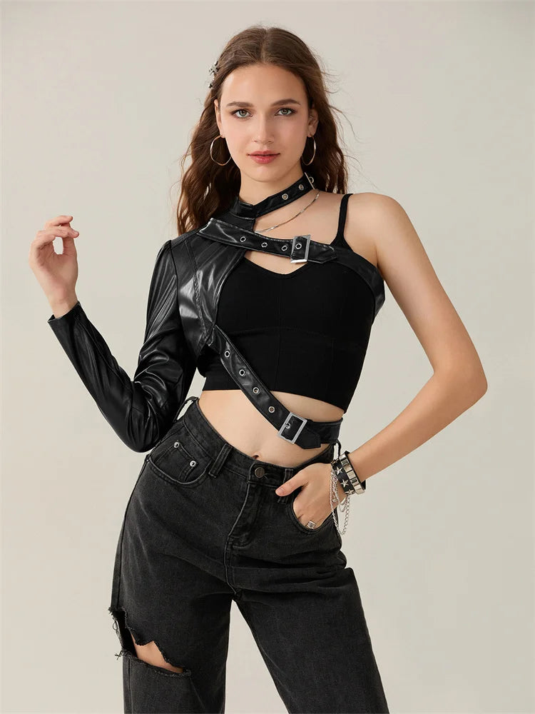 Women PU Leather Jackets Fashion Punk Gothic E Girl Y2K Crop Tops Single Long Sleeve Neck Hanger Buckle Belt Coat Outerwear