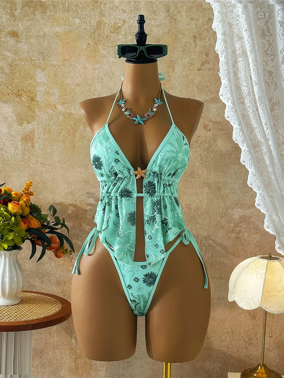 Glitter Sequin Printed Tankini Halter Bikini Women Swimwear Female Swimsuit Bather Bathing Suit Swim Two-Pieces Bikini Set K8067