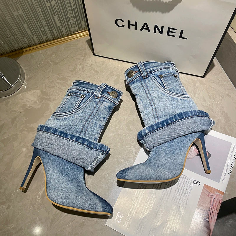 2023 Women's Autumn/Winter Denim Fine High Heel Skirt Boots Fashion Pointed Large Women's Four Seasons Short Boots
