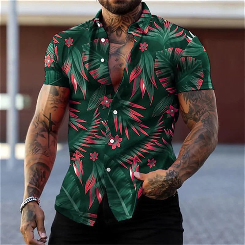 Men's black and gold flower shirts Summer plant print lapel shirt Hawaiian style beach short sleeved button up