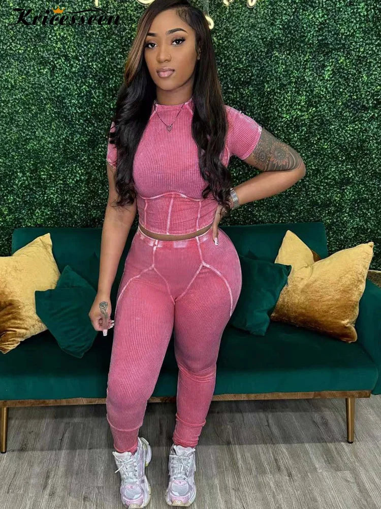 Kricesseen Breaking The Rules Mineral Wash Set Two-Piece Outfits Casual Ribbed Tracksuits Set Night Club Outfits Fitted Overalls