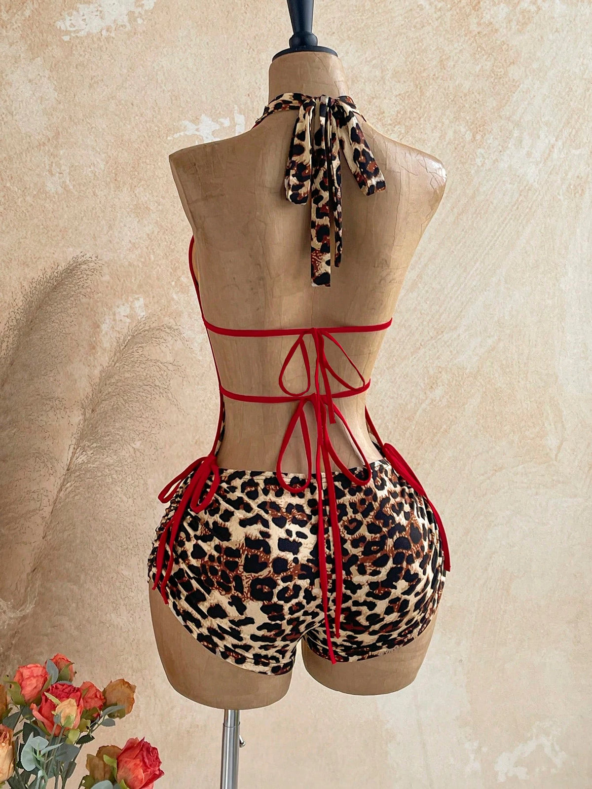 Vintage Melard Leopard Print Halter Neck Jumpsuit with Red Trim, Deep V Backless High-Waisted Tight-Fitting Hot Girl Vacation Jumpsuit