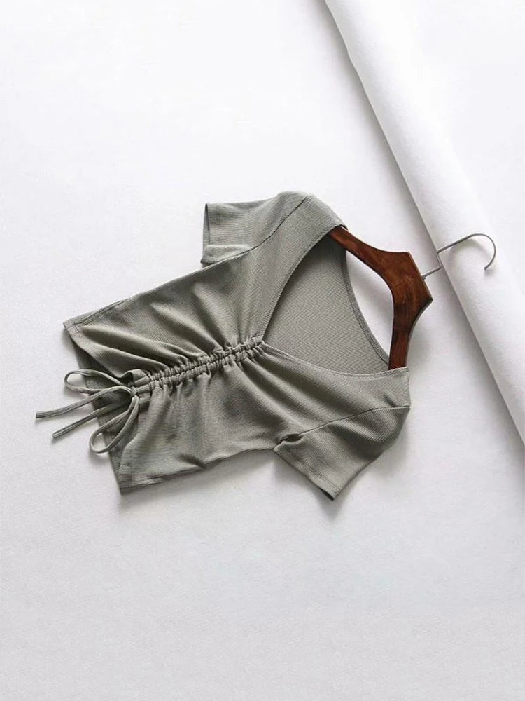 Sexy V Neck Cropped Tank Tops Women Drawstring Tie Up Front Camis Candy Colors Streetwear Slim Fit Ribbed Crop Top