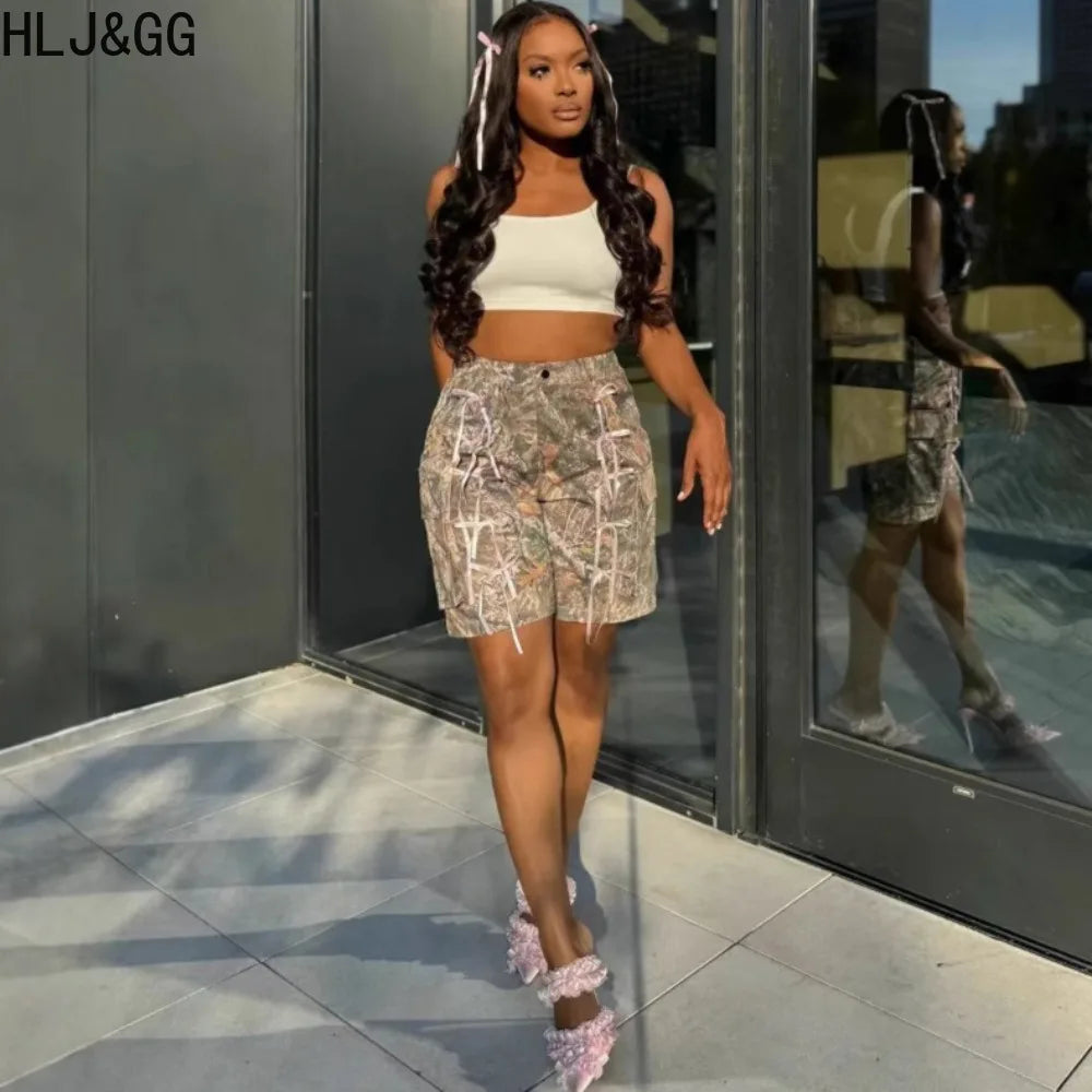 HLJ&GG American Vintage Style Women High Waist Button Harajuku Straight Shorts Fashion Print Pocket Bow Bottoms Streetwear 2025