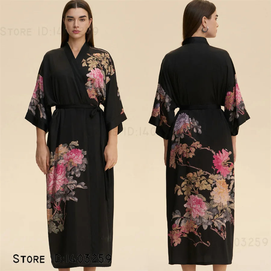 Plus Size Print Flower Long Robe Kimono Gown New Female Sleepwear Bathrobe Home Dress Loose Silky Satin Night Clothes Loungewear