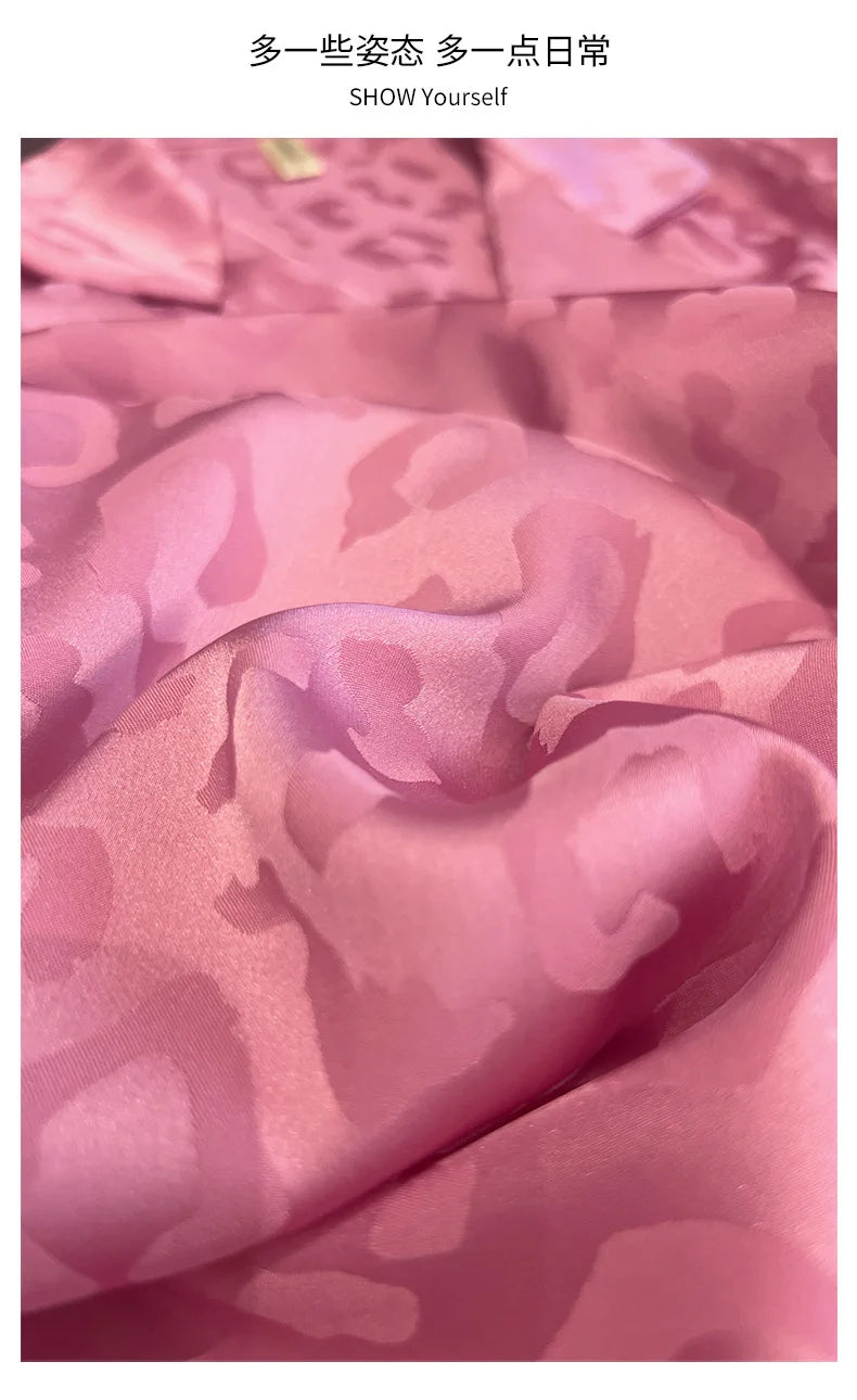 Female 2PCS Pajamas Set Spring Autumn Feathers Long Sleeve Trouser Suits Sleepwear Fashion Sexy Rayon Hot Pink Leopard Homewear