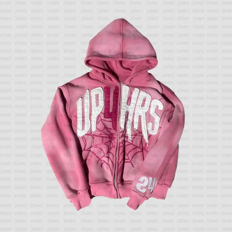 Retro Patch Spider Web Print Zipper Hoodie Y2K Sweatshirt Mens Hip Hop Letter Oversized Hoodie Jacket Clothes Streetwear Jacket
