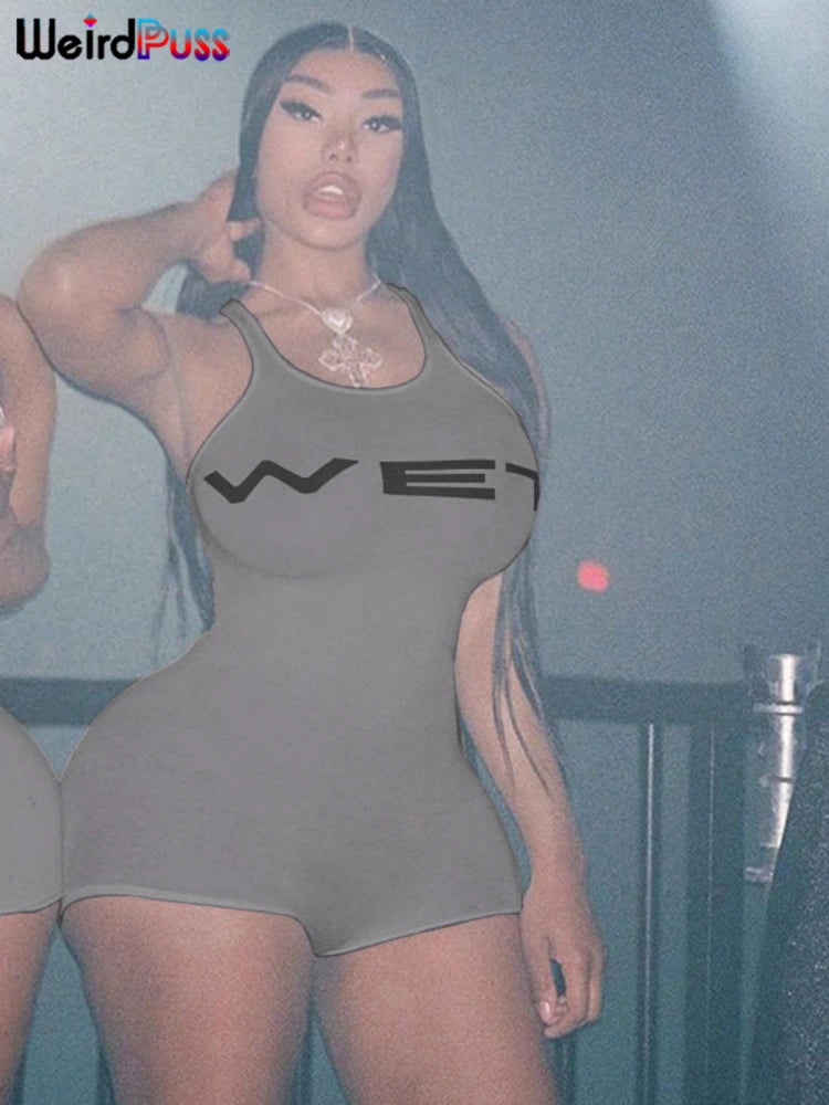 Weird Puss Letter Print Romper Women Low-Neck Sporty Casual Sleeveless Stretch Activity Skinny Playsuit Tight Short Overalls