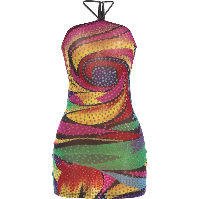 Sisterlinda Colorful Print Dress Woman Sexy Backless Lace-Up Halter Off Shoulder Skinny Wrap Hip Midnight Club Party Bodycon