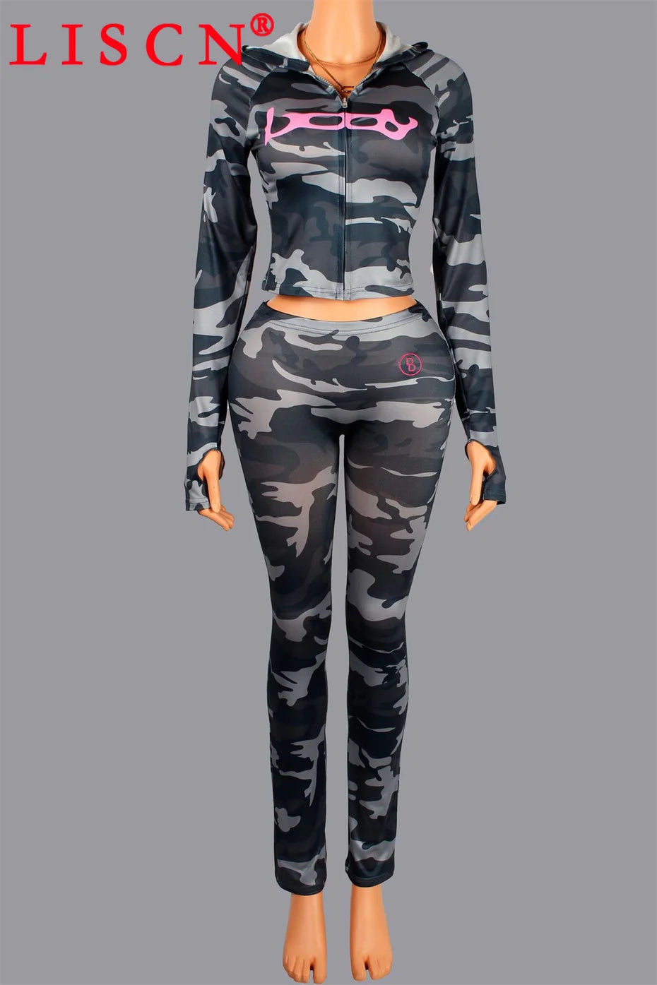 10 Wholesale Fall Tracksuits Camouflage Printing Two Piece Set Womens Outfits Slim Long Sleeve Hooded Jackets + Pants K15697_2