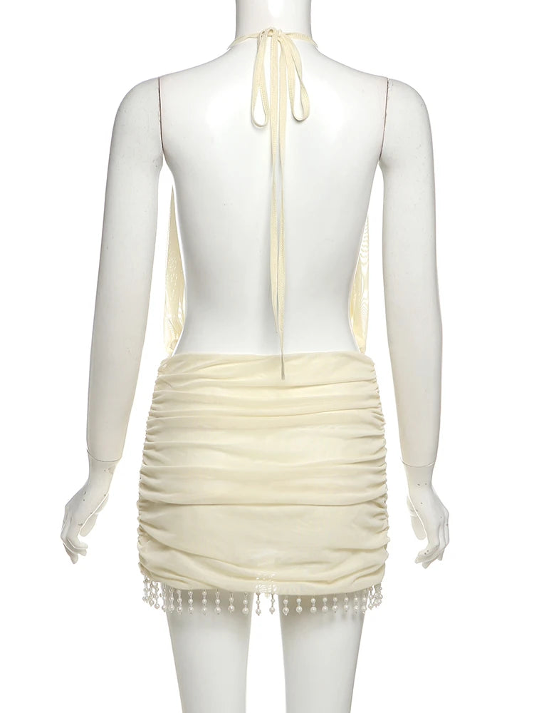 Mesh Lace-Up Halter Pearl Tassel Mini Dress — Women's Club