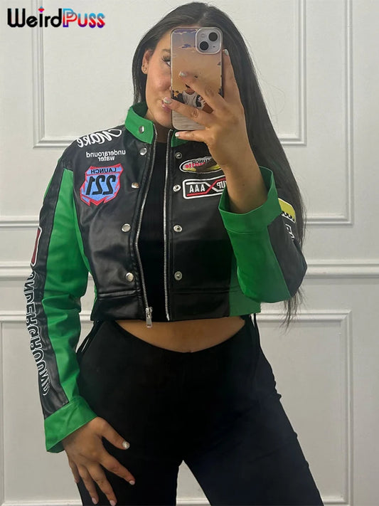 Weird Puss Hipster Patchwork Jacket Women Y2K Letter Print Hipster Uniform Street Single-Breasted Hipster Autumn Trend Zip Coat