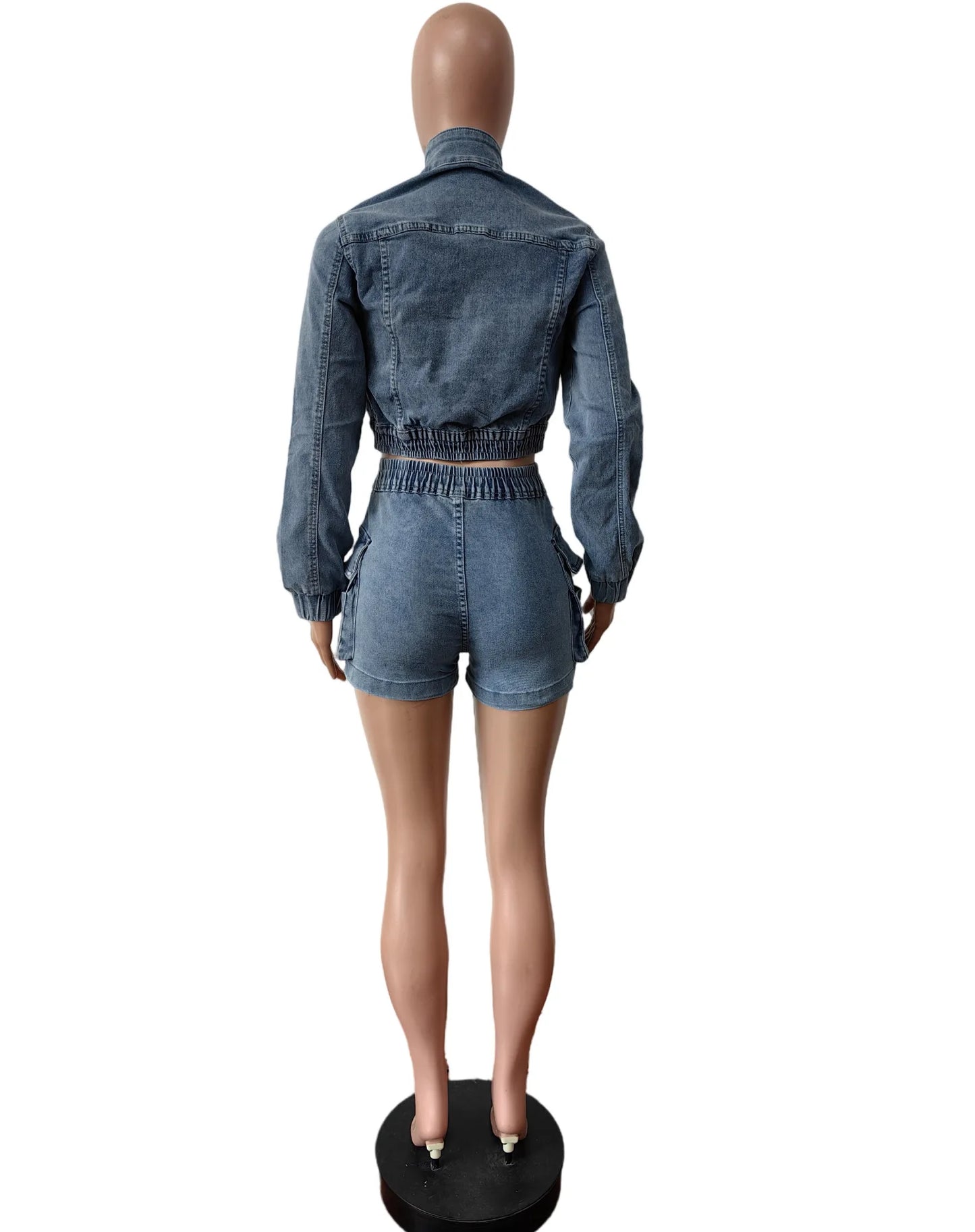 HLJ&GG Blue Fashion jeans Pocket Cargo Shorts Two Piece Sets Women Zipper Long Sleeve Crop Top And Shorts Outfits Cowboy Suits