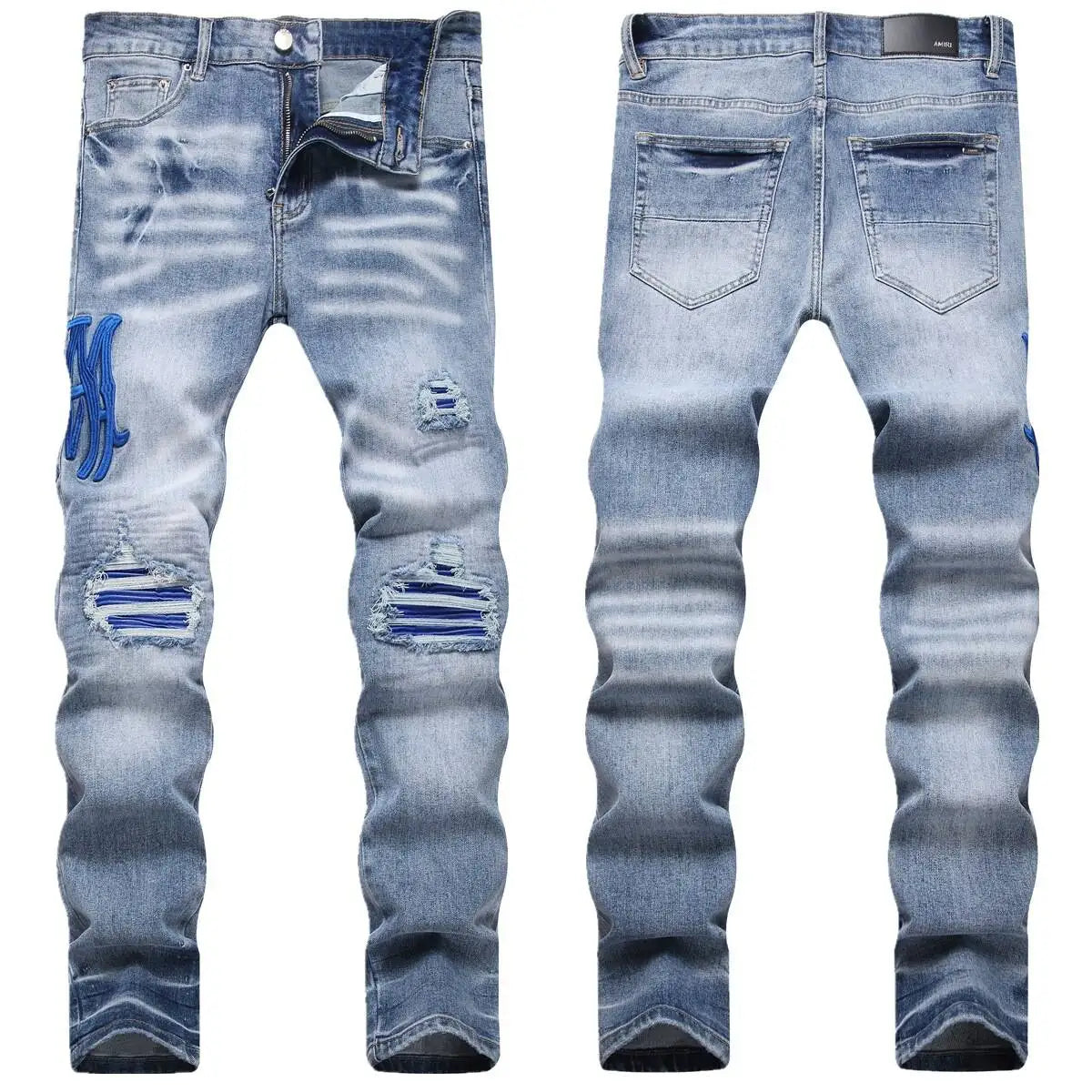 Current AM Brand Embroidered Distressed Patch High Street Youth Men's Slim Fit Skinny Pants