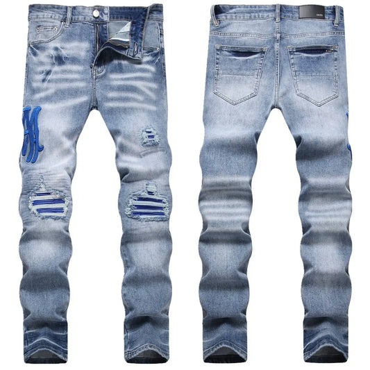 Current AM Brand Embroidered Distressed Patch High Street Youth Men's Slim Fit Skinny Pants
