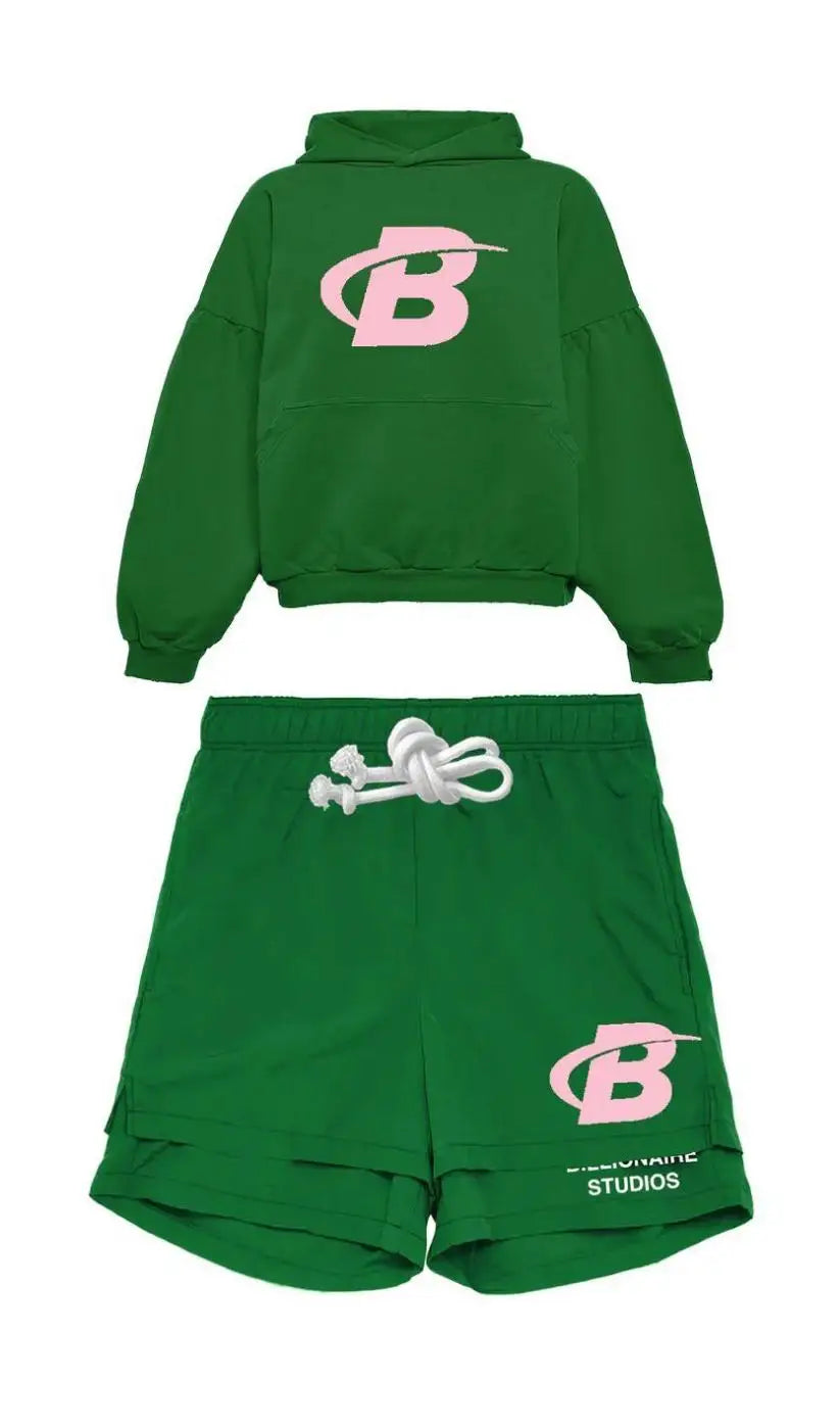 2024 Summer Letter B Print Trendy Tracksuit+sweatpants  Men Oversized Hoodies Sports Suit Loose Shorts Suit Clothes