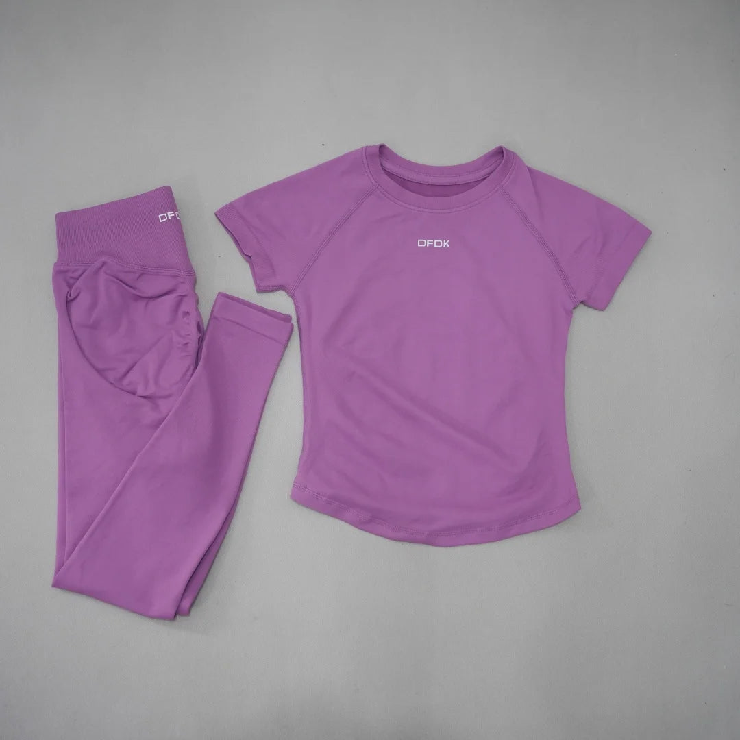 DFDK Ladies Seamless 2Pcs Yoga Set Short Sleeve Slim Top High Waist Leggings Quick Dry Breathable Gym Running Fitness Outfit