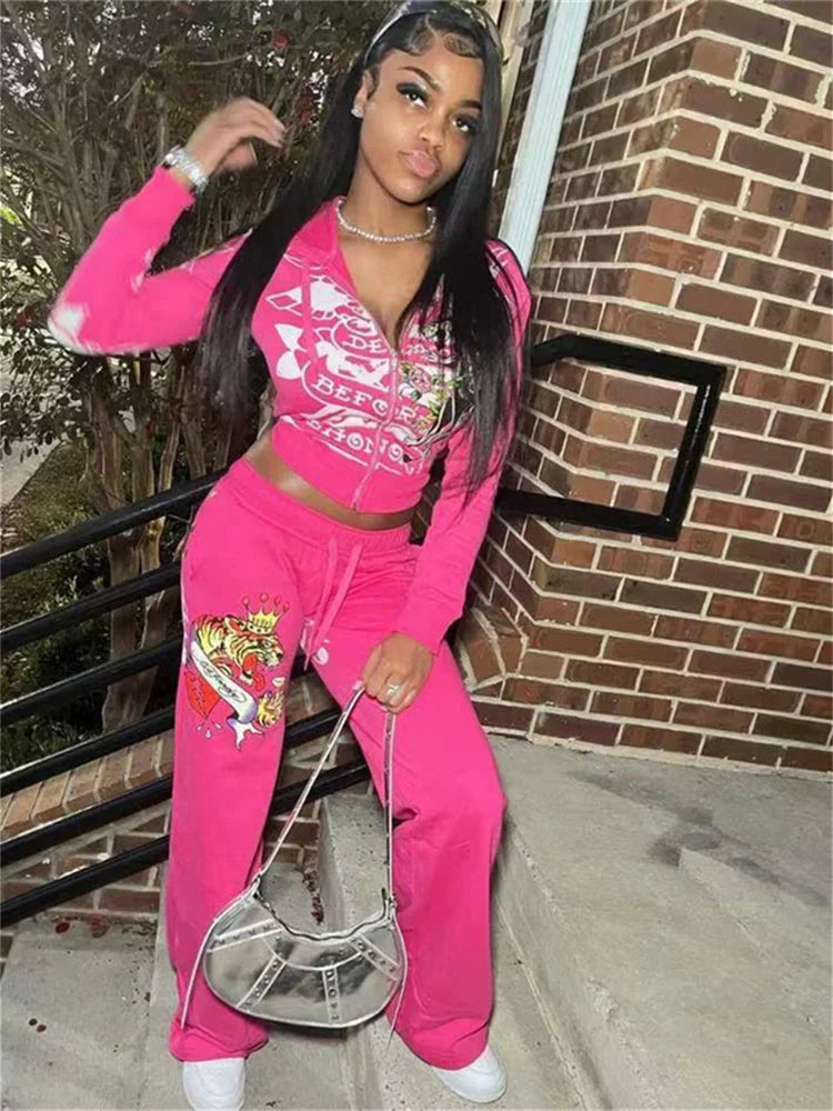 Spring 2 Two Piece Sets Casual Tracksuits Women Long Sleeve Zipper Crop Top+Baggy Pants Suits Club Rose Red Matching Outfits