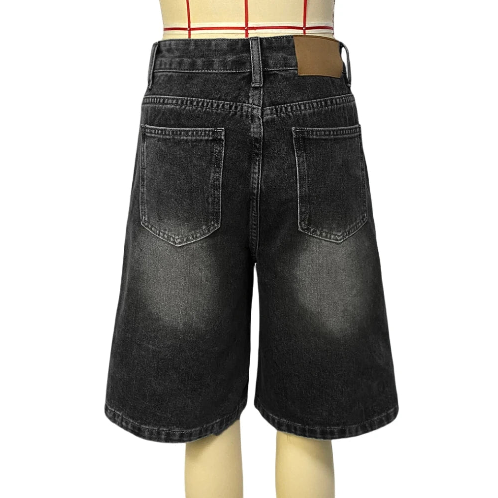 HLJ&GG Blue Retro Fashion jeans Two Piece Sets Women One Shoulder Short Sleeve Crop Top+Jeans Shorts Outfits Fashion Streetwear