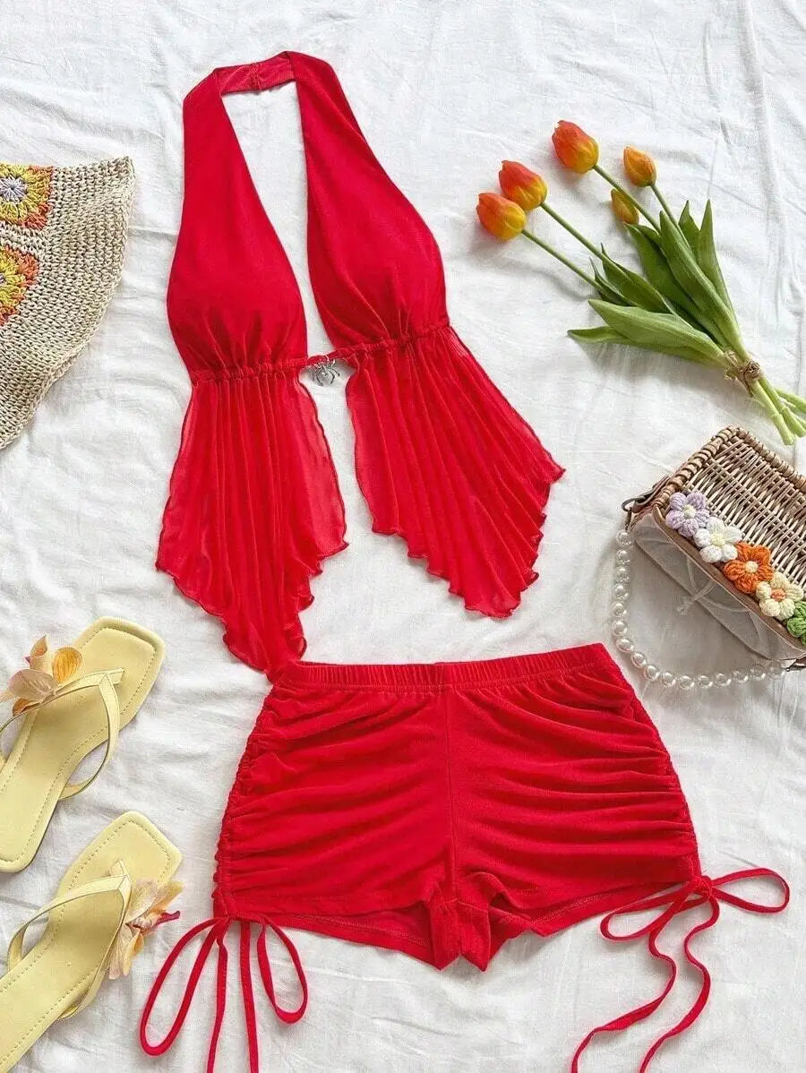 2pcs Women Halter Backless Tie-Up Top And Ruched Drawstring Shorts Set