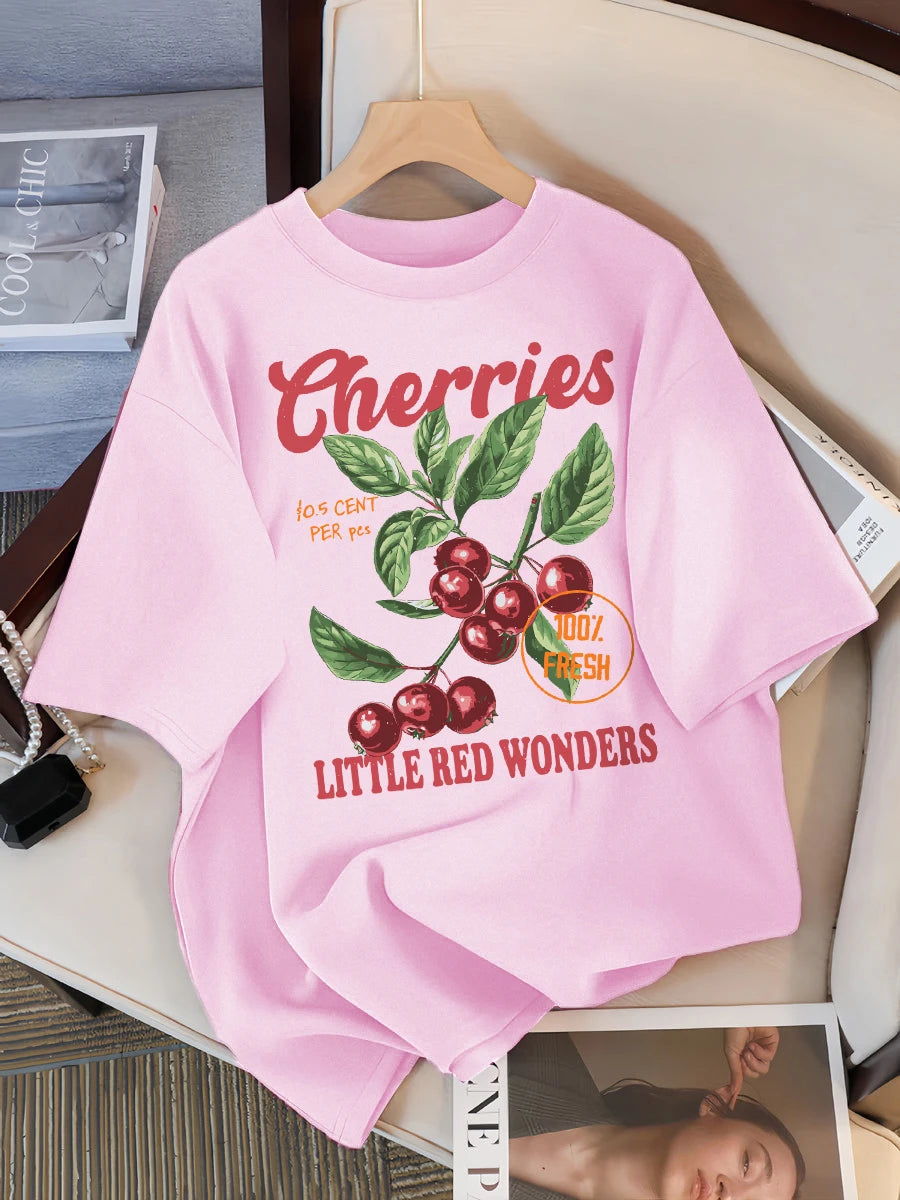 Cherries 100% Fresh Little Red Wonders Design Women T-Shirt Casual Loose T Shirts Hip Hop Cotton Sportswear Summer Soft Top