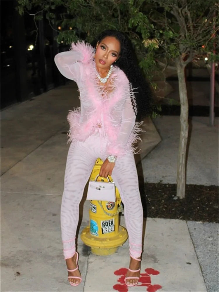 Weird Puss Sexy Fashion 2 Piece Set Women Fluff Patchwork Lace-Up Full Sleeve+Skinny Peach Hip Pants Club Coquett Trend Outfits