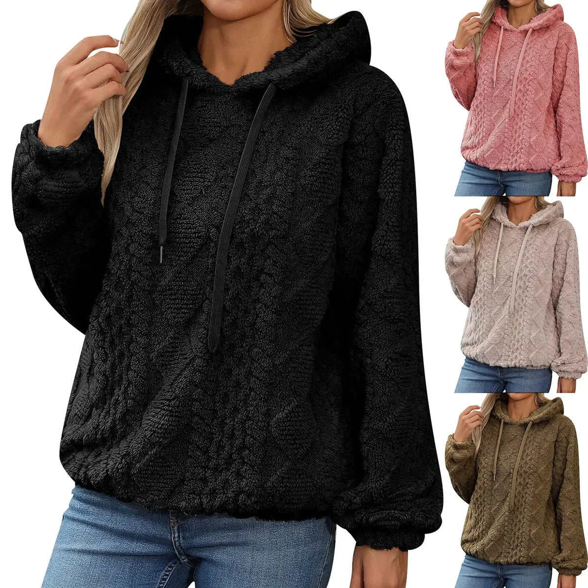 Women Trendy Ribbed Knit Sweatshirt Fuzzy Warm Long Sleeve Hooded Sweatshirts Ladies Oversize Knit Soft Hoodie Women Clothing
