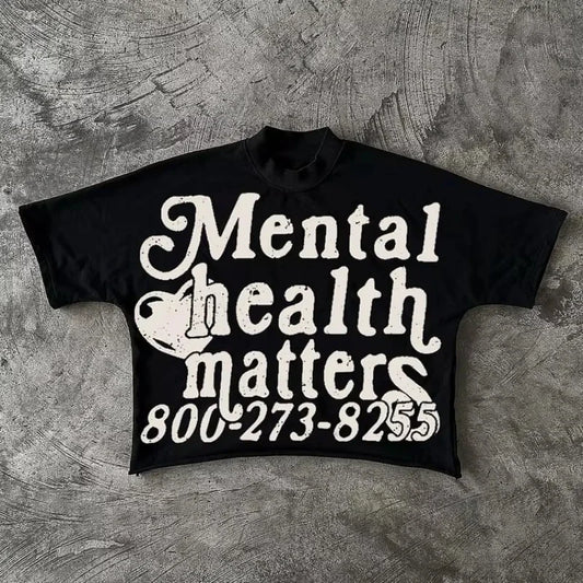 Mental Health Matters Graphics Cropped T-Shirts Y2K Short Sleeves Vintage Tshirt Streetwear   Tops