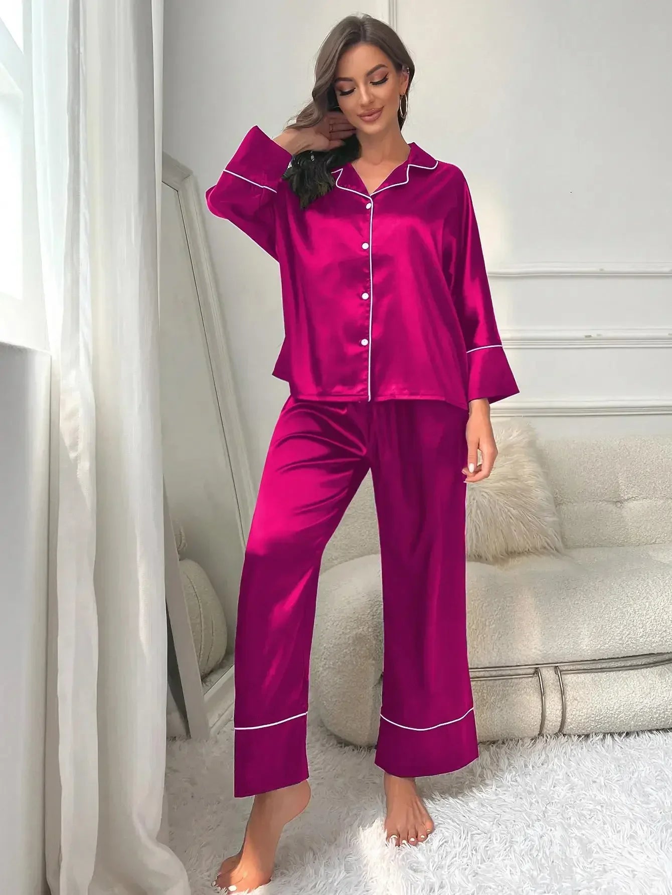 Autumn Satin Women‘s Pajamas Set Notched Collar Top & Wide Leg Long Pants 2 Pieces Sleepwear Female Loungewear Like Leisure Suit