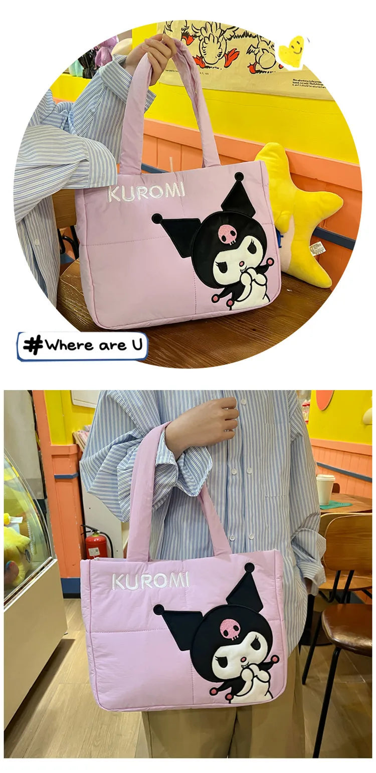 Sanrio Kawaii Hello Kitty Kuromi Tote Bags Cute My Melody Pochacco Cartoon Down Cotton Large Capacity Shoulder Bag Gifts Girls