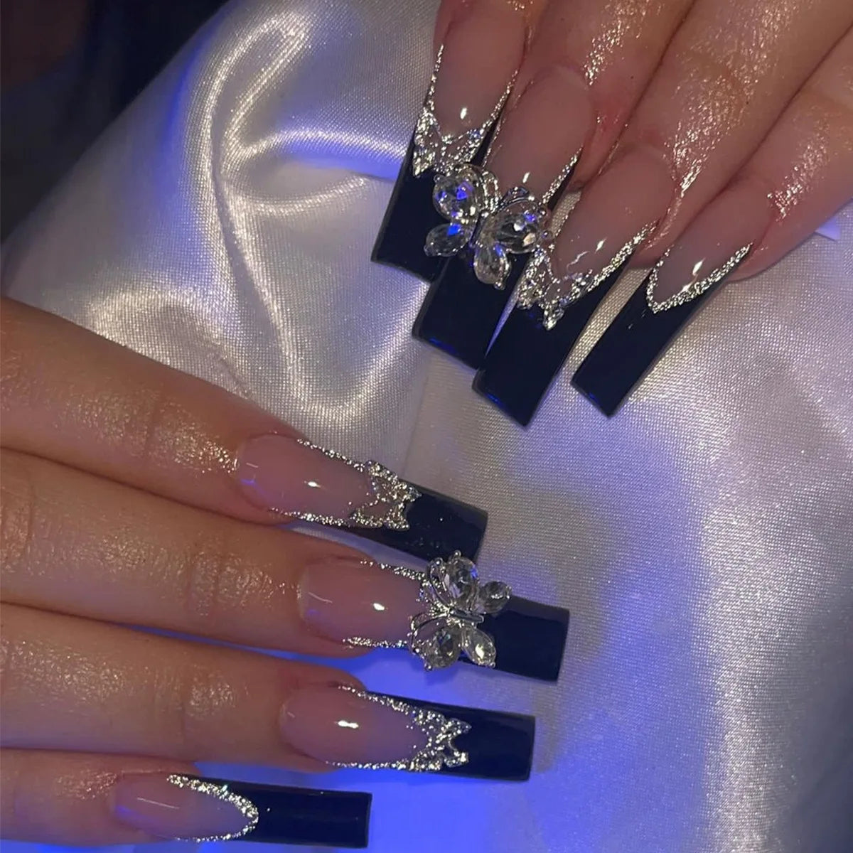24Pcs Long Square Press on Nails Leopard Print French 3D Cherry Design False Nail Rhinestone Wearable Full Cover Fake Nails Tips