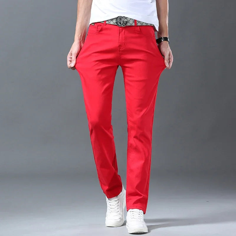 White Yellow Pink fashion 5 Color Men's Cotton Casual Pants Jeans Slim Straight Solid Color Business Trousers Four Seasons Brand